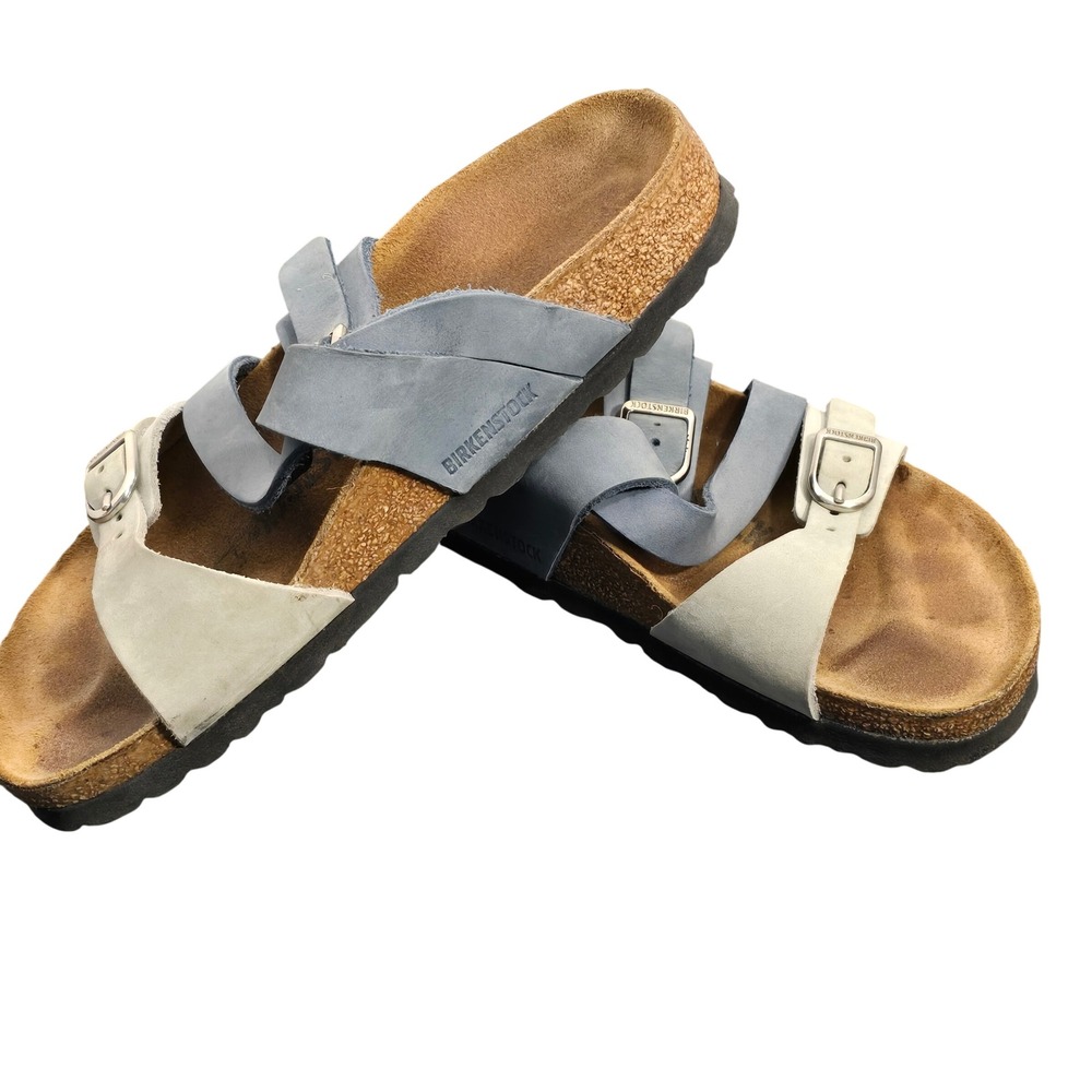 Birkenstock Franca Sandals Blue White Leather Buckle Slide Womens 36 EU 5 US - Picture 2 of 16